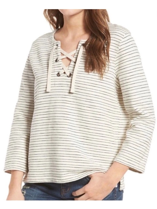 Madewell Tops - Madewell Striped Lace Up Pullover Top Women Large Cream Black Cotton Coastal